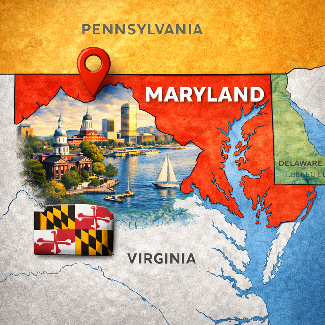 Maryland state map with Baltimore skyline, sailboat, and state flag overlay between Pennsylvania, Virginia, and Delaware