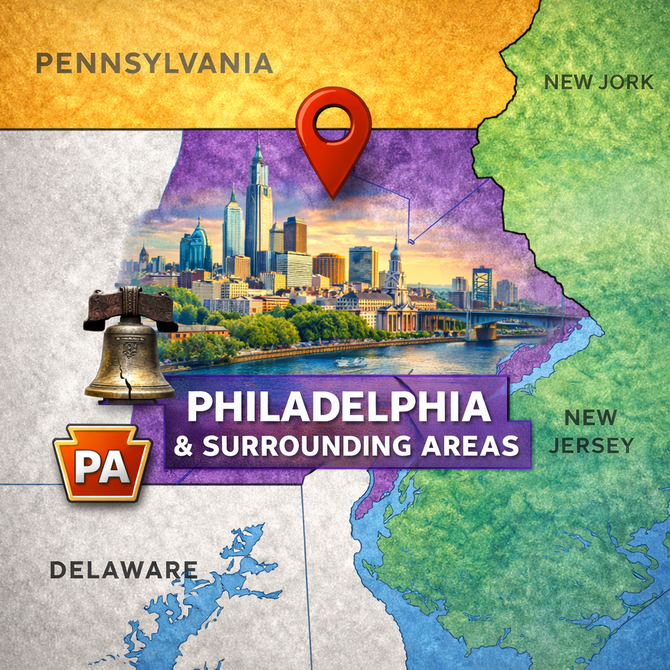Map of Pennsylvania highlighting Philadelphia and surrounding areas with city skyline, Liberty Bell, and location pin