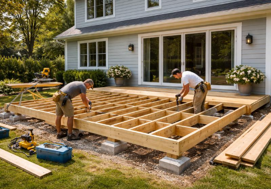 Workers build a wooden deck frame beside a home during Deck Building Services in Grand Junction, CO for backyard living.