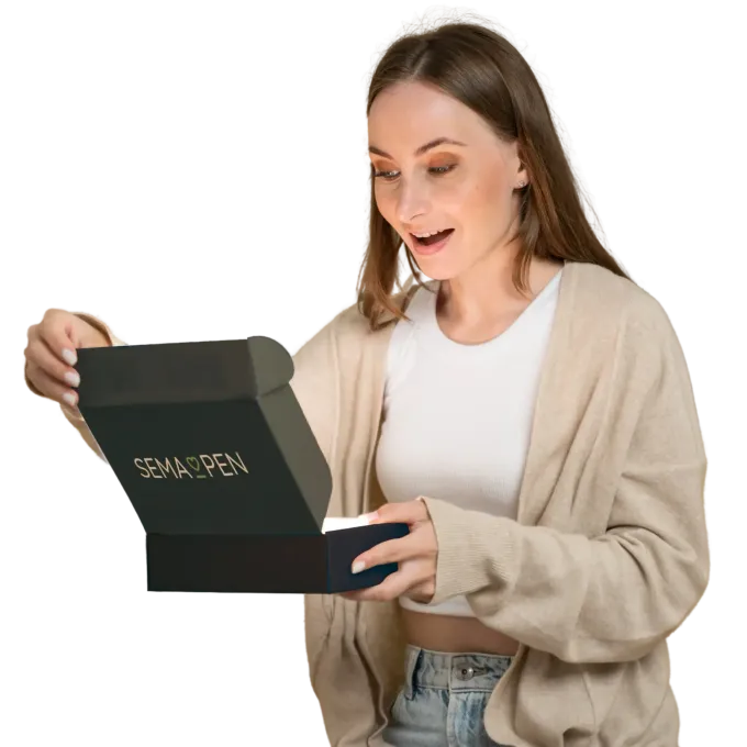 A woman opens a SemaPen box with a beaming smile on her face. She's about to transform her life with our treatment plan.