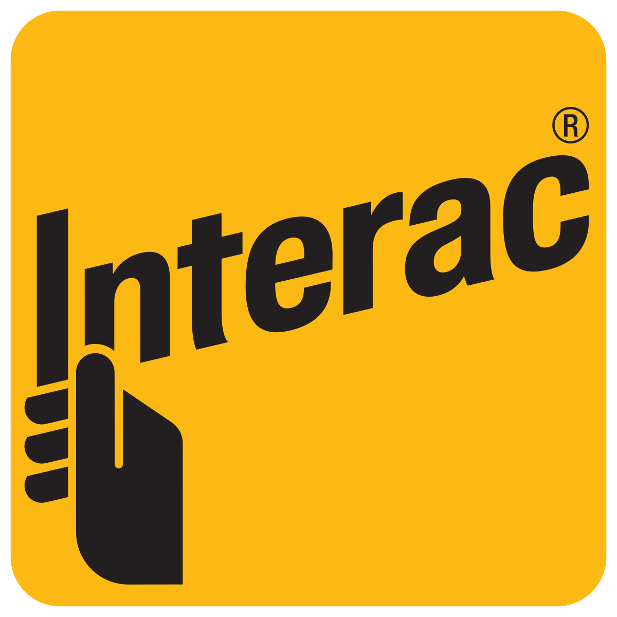 Un logo Interac jaune et noir avec une main