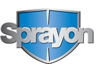 Un logo en spray avec un bouclier bleu sur fond blanc.