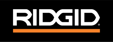 Le logo de ridgid est blanc et orange sur fond noir.