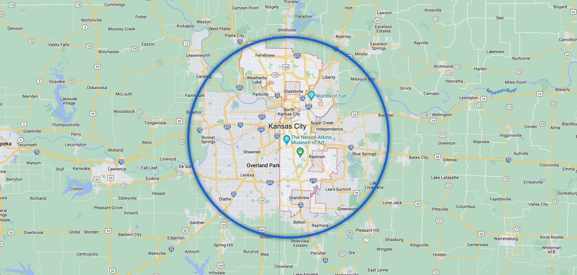A map of Oklahoma City and surrounding areas, with a blue circle highlighting the city.