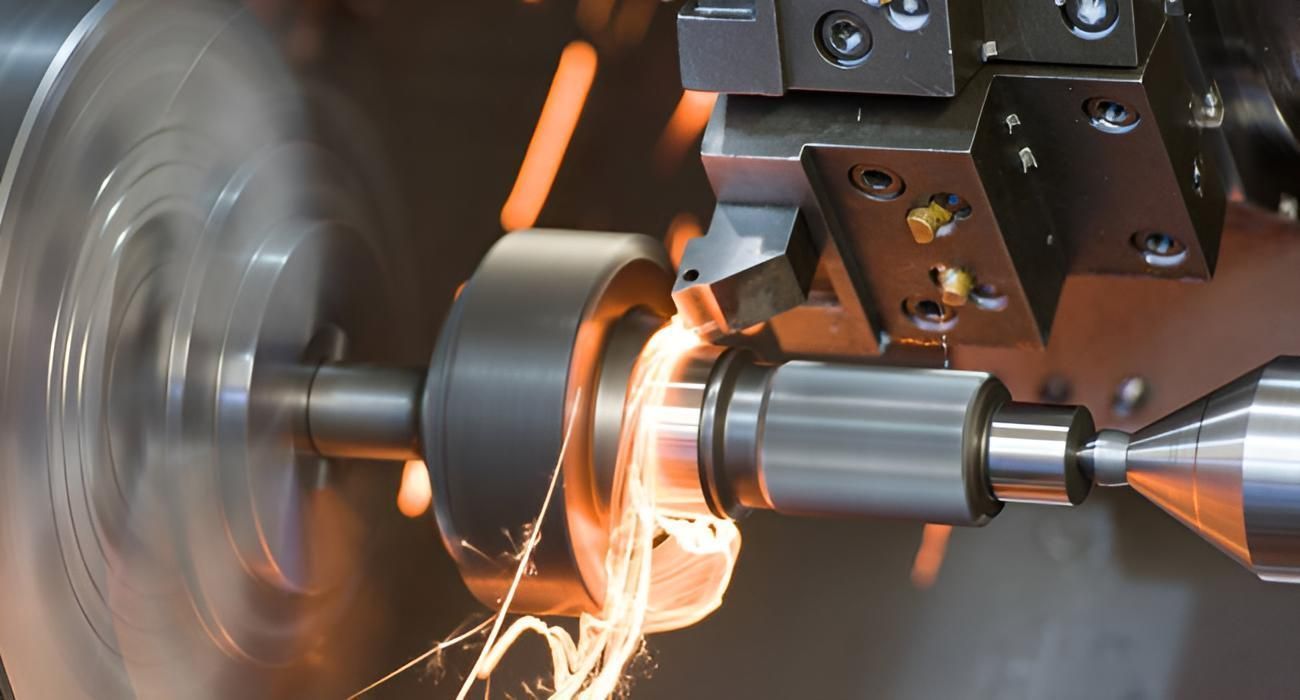 Close-up of a metal lathe turning a cylindrical part with orange sparks flying