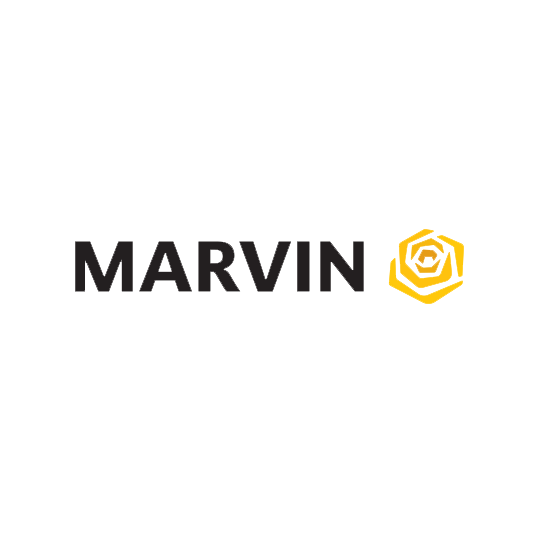 A marvin logo with a yellow rose on a white background.