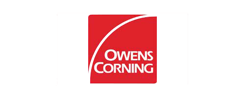 The logo for owens corning is a red square with a white arrow in the middle.