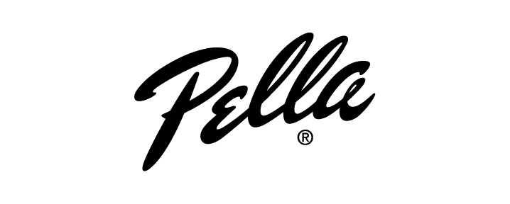 A black and white logo for pella on a white background.