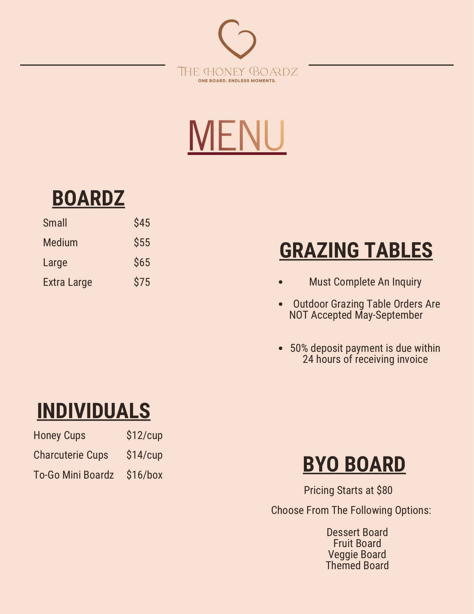 Beige café menu with sections for boards, grazing tables, individuals, and byo board.