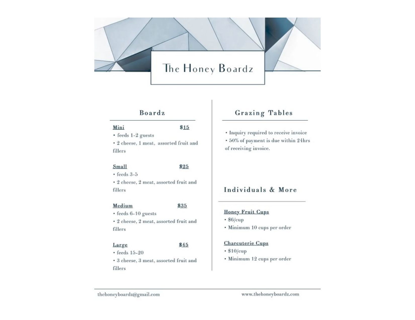 Modern white restaurant menu with geometric gray-blue banner and two-column food and drink sections