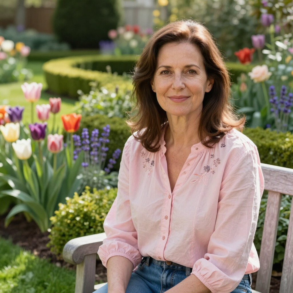 Woman sitting on a bench in a flower garden, wearing a pink blouse and smiling