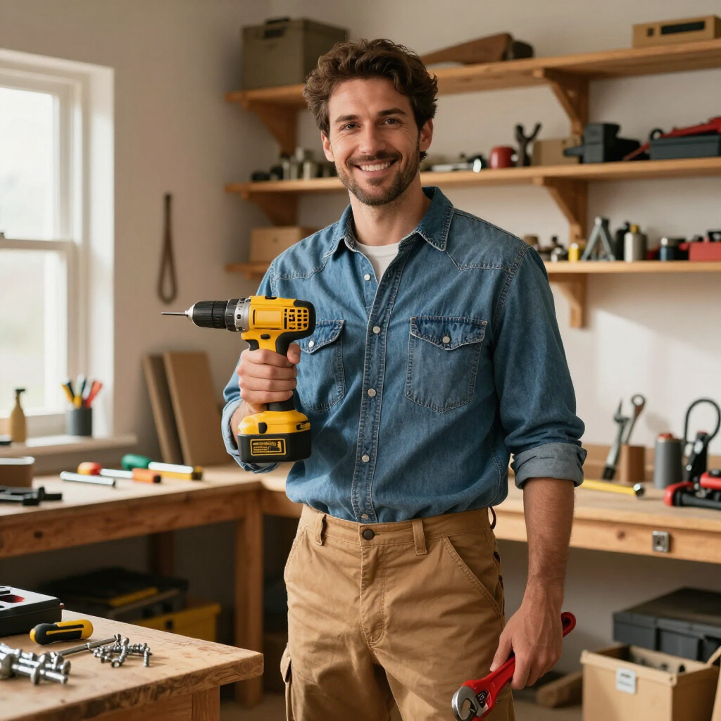 Person in a workshop holding a yellow drill, smiling beside a workbench with tools and shelves.