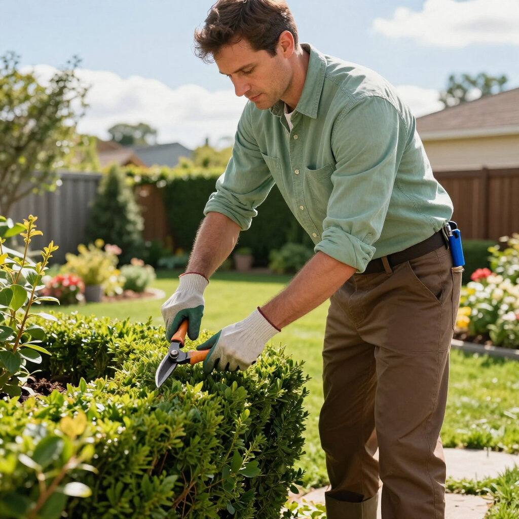 Man trimming a hedge in a sunny suburban garden with electric shears