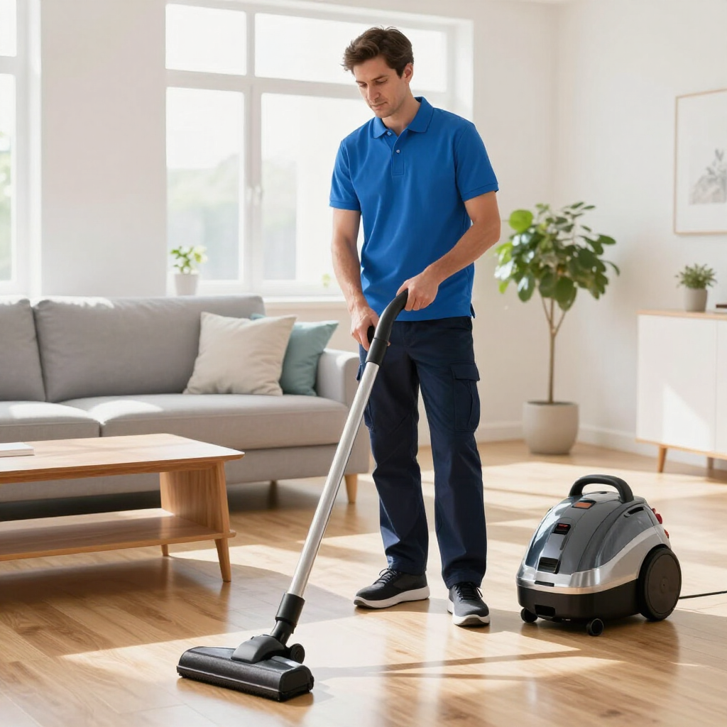 Man vacuuming a bright living room with a canister vacuum and polished wood floor