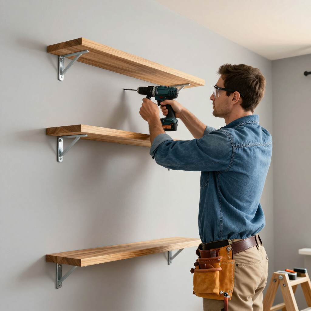 Man drilling a wooden shelf into a wall in a light gray room