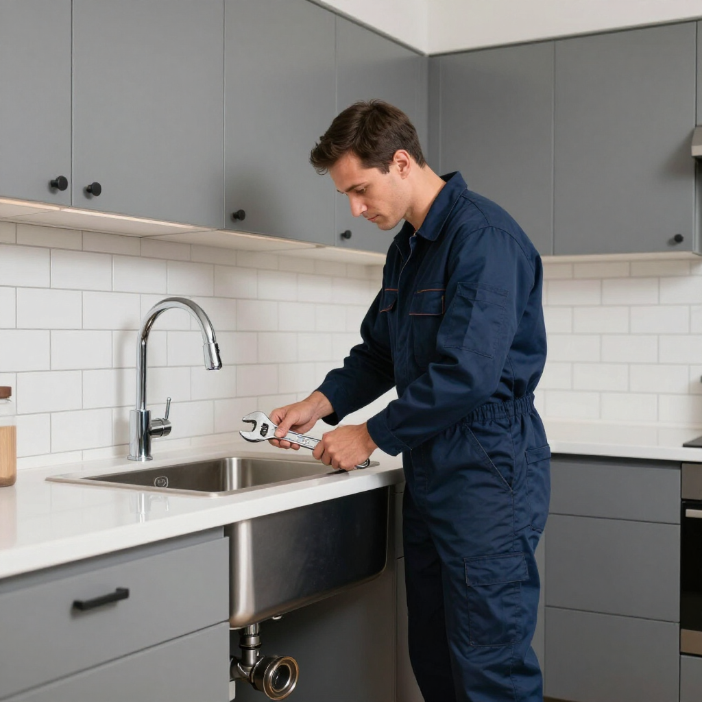 Person in blue coveralls cleaning a kitchen sink beside a stainless-steel basin.