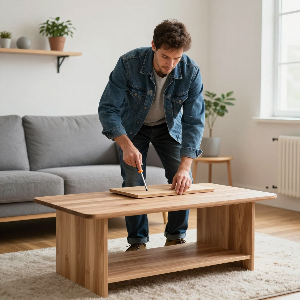 Man assembling a wooden coffee table in a bright living room with a sofa and plants.