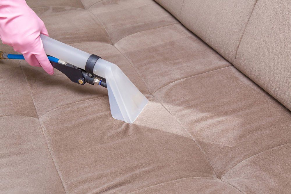 A Person Wearing a Pink Glove Using a Cleaning Tool to Clean a Tan — Enviro Clean Carpet and Tile Cleaning in Terrigal, NSW