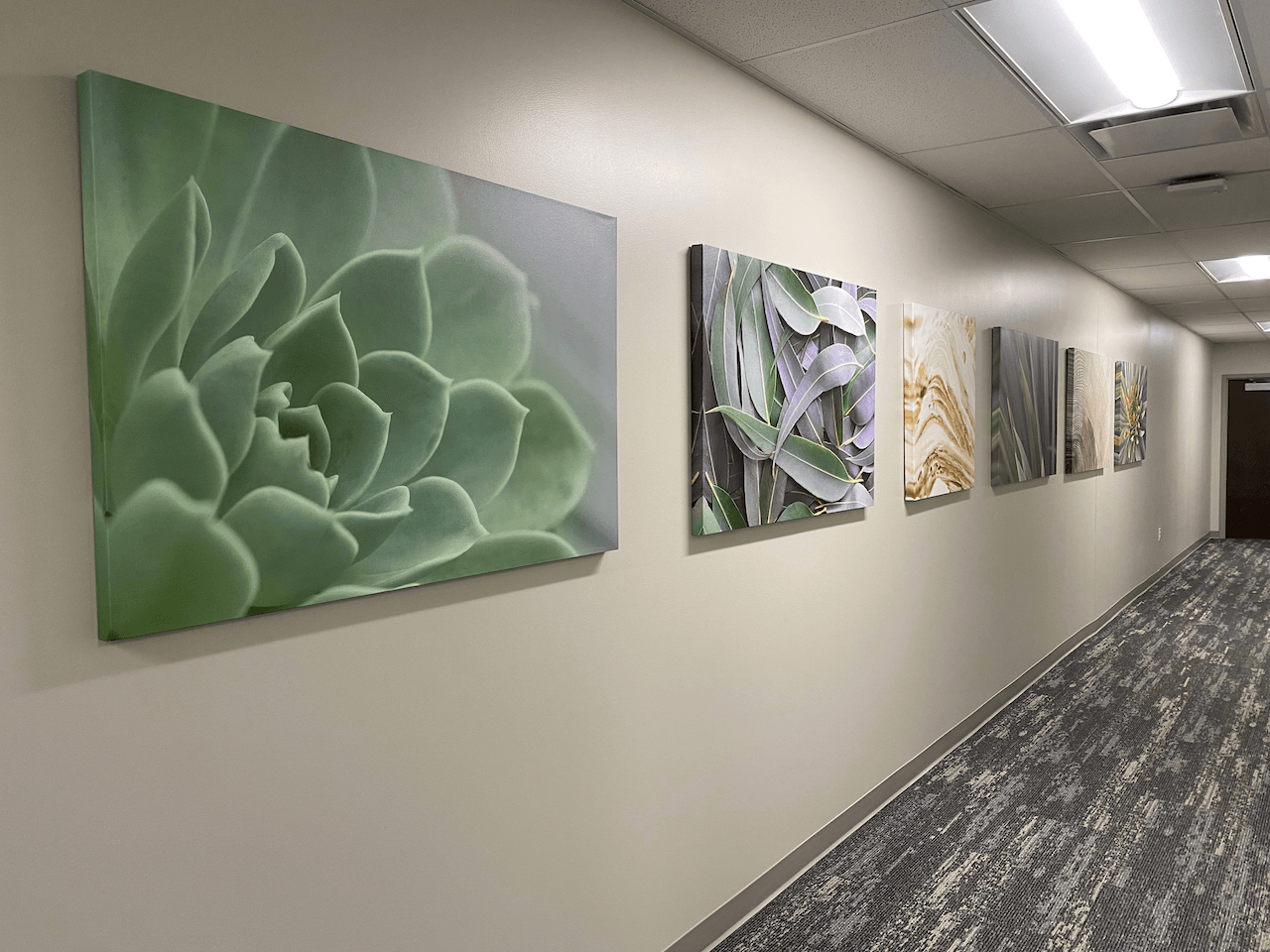 A hallway with a row of paintings on the wall.