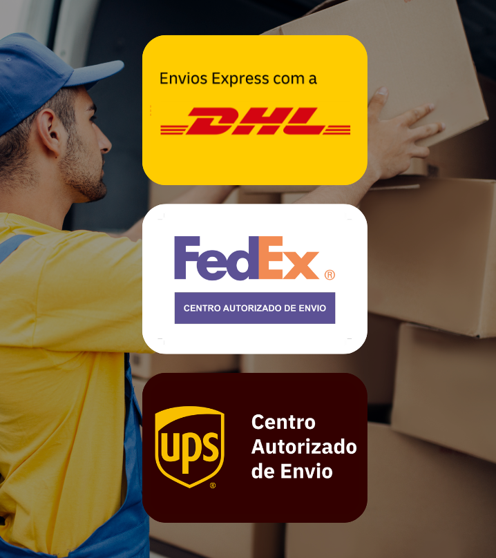 Os logotipos dhl fedex e ups estão em um homem segurando uma caixa
