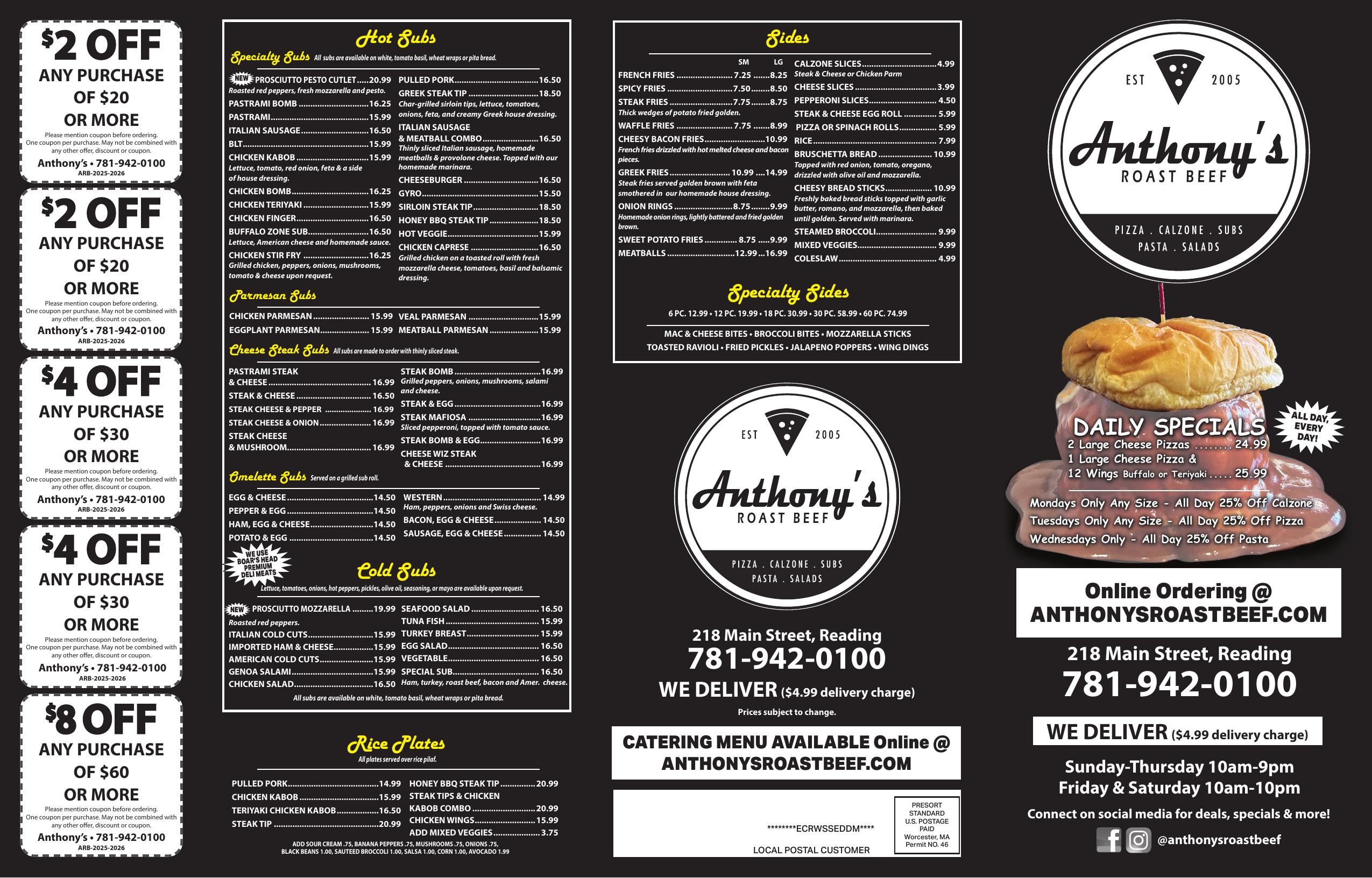 Anthonys Roast Beef Menu