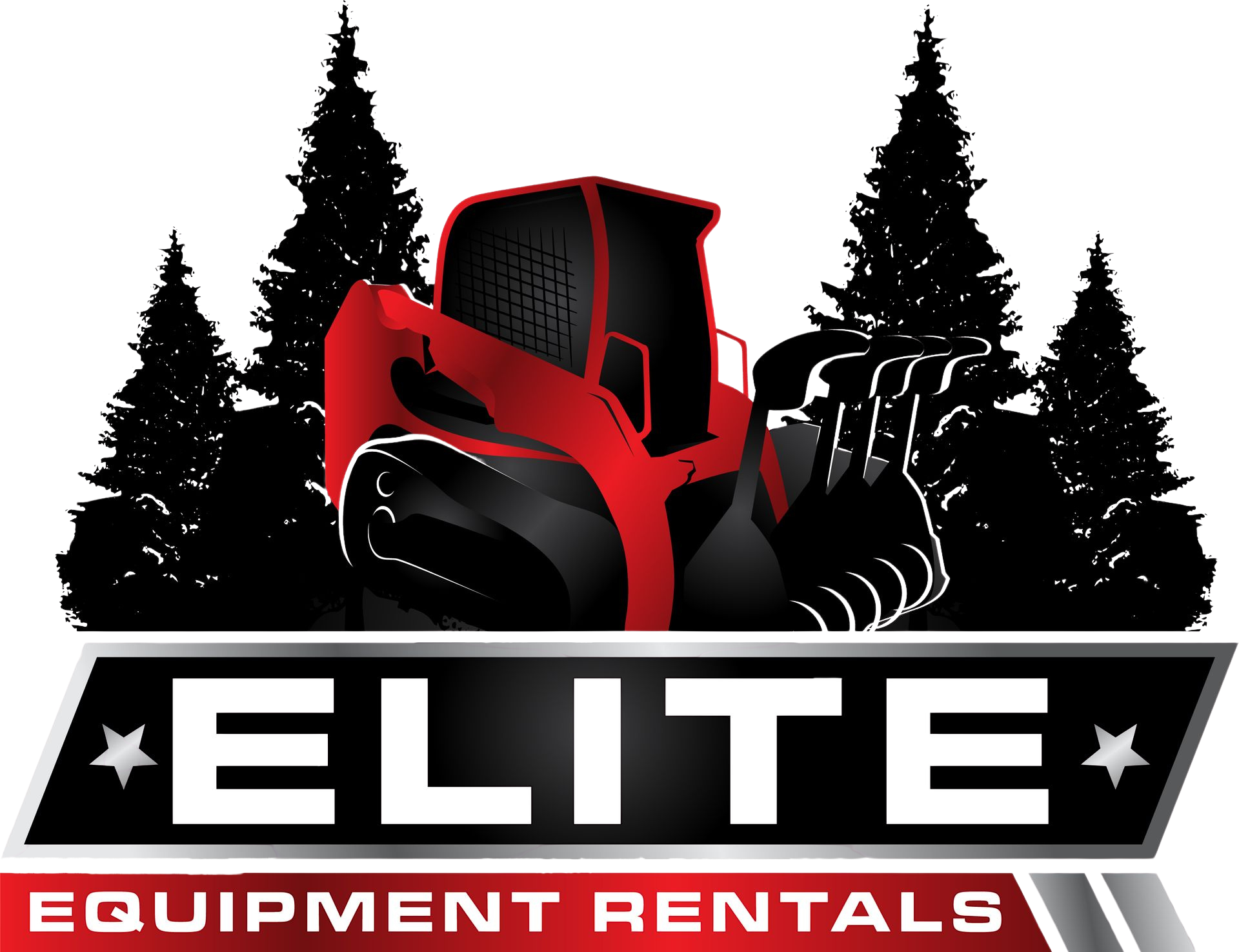 Elite Equipment Rentals logo with red construction machine and black pine trees on white background