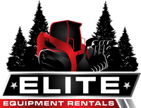 Elite Equipment Rentals logo with red construction machine and black pine trees on white background