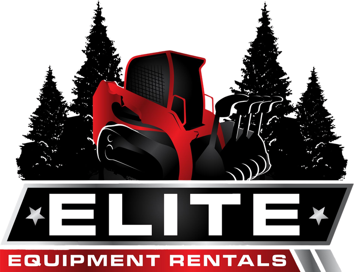 Elite Equipment Rentals logo with red construction machine and black pine trees on white background