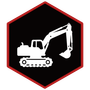White excavator icon inside a black hexagon with a red border