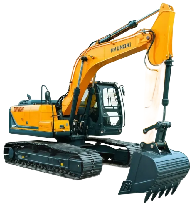 Yellow Hyundai excavator with black tracks and a bucket attachment on a white background