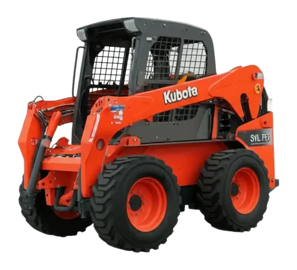 Orange Kubota skid steer loader with black cab and large tires, shown on a white background