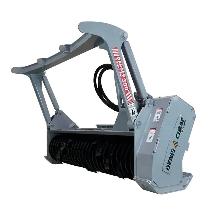 Gray tractor-mounted brush cutter with a black rotating drum and hydraulic arm attachment.