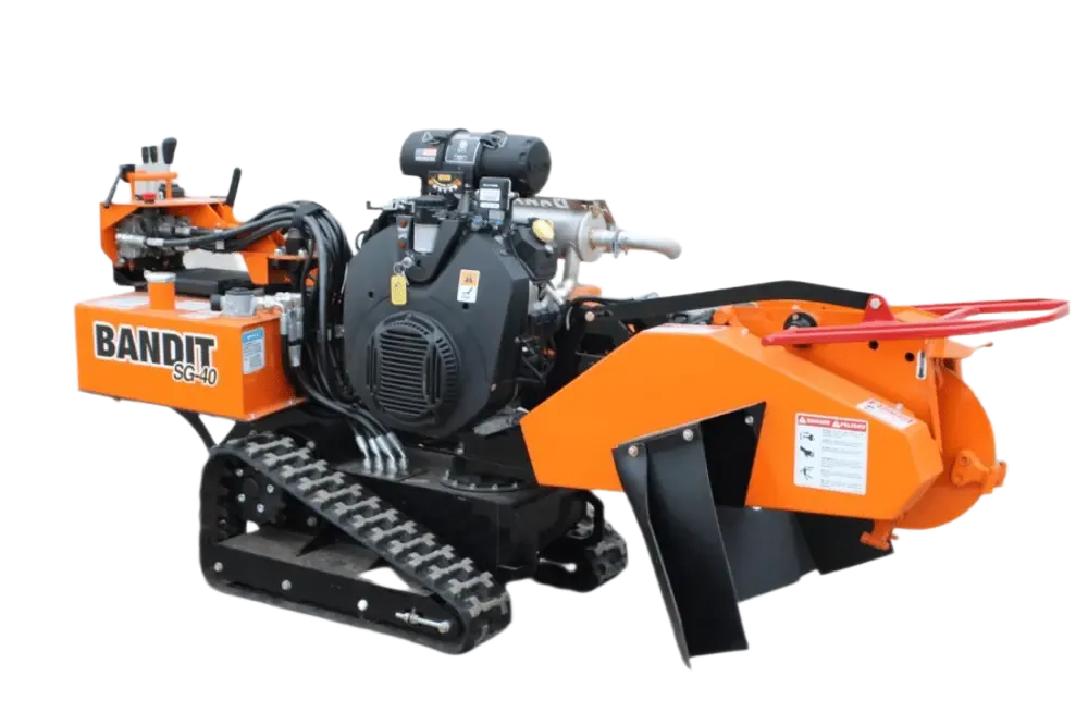 Orange Bandit tracked stump grinder on white background