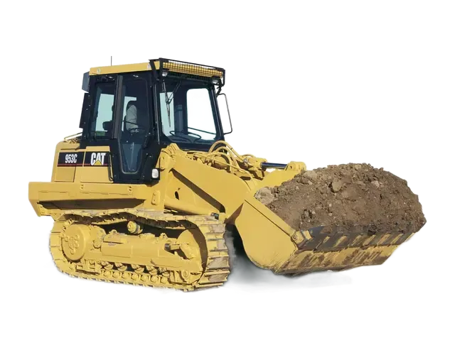Yellow bulldozer with raised bucket full of dirt on a white background