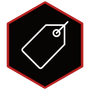 Black hexagon icon with red outline and a white tag-like symbol inside