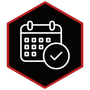 Black hexagon icon with a white calendar and checkmark, outlined in red.