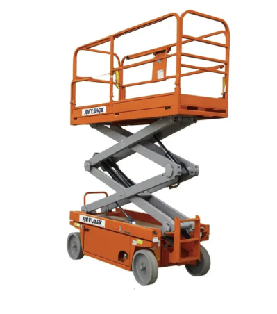 White skid steer loader with black bucket and orange wheels on a plain background