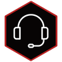 White headset icon inside a black hexagon with a red border