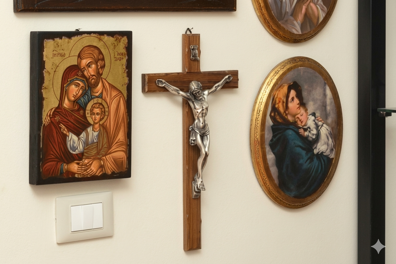 Un crocifisso in legno e dipinti religiosi sono appesi a una parete.