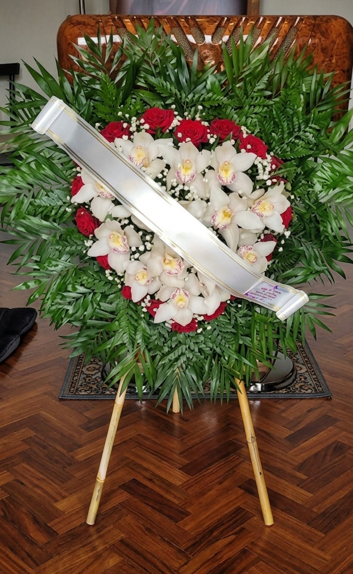 Corona funebre: fiori a forma di cuore di rose rosse e orchidee bianche, circondati dal verde, con un nastro argentato, su un supporto di legno.