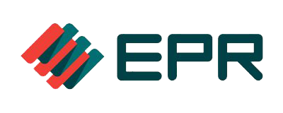 Logo EPR con strisce intrecciate color verde acqua e rosse e lettere verde acqua scuro su sfondo bianco.
