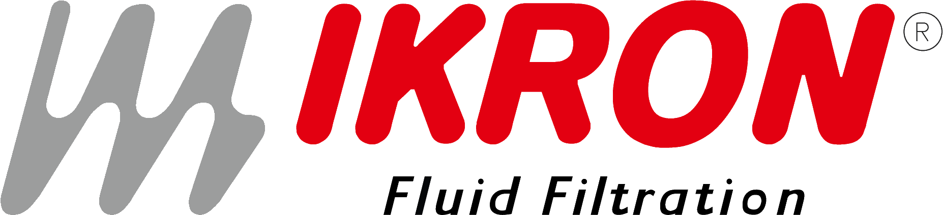 Logo IKRON Fluid Filtration in grigio e testo rosso