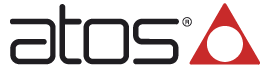 Logo Atos in nero con un simbolo triangolare rosso su sfondo bianco.