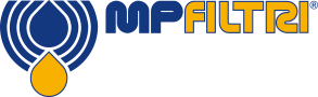 Logo MP Filtri con icona stilizzata a forma di goccia blu e gialla su sfondo bianco.