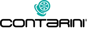 Logo Contarini con testo nero e icona circolare color verde acqua sopra di esso