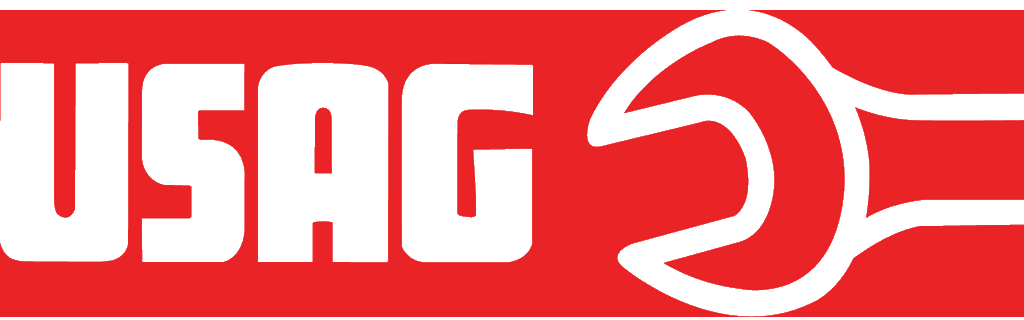 Logo USAG in bianco su sfondo rosso con l'icona di una chiave inglese.