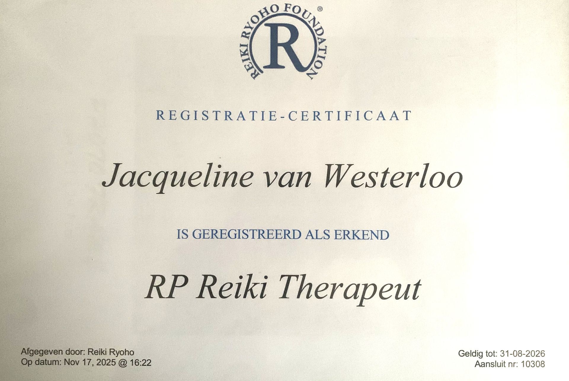 Registratiebewijs van Jacqueline van Westerloo als RP Reiki-therapeut. Met het logo van de Reiki Foundation.