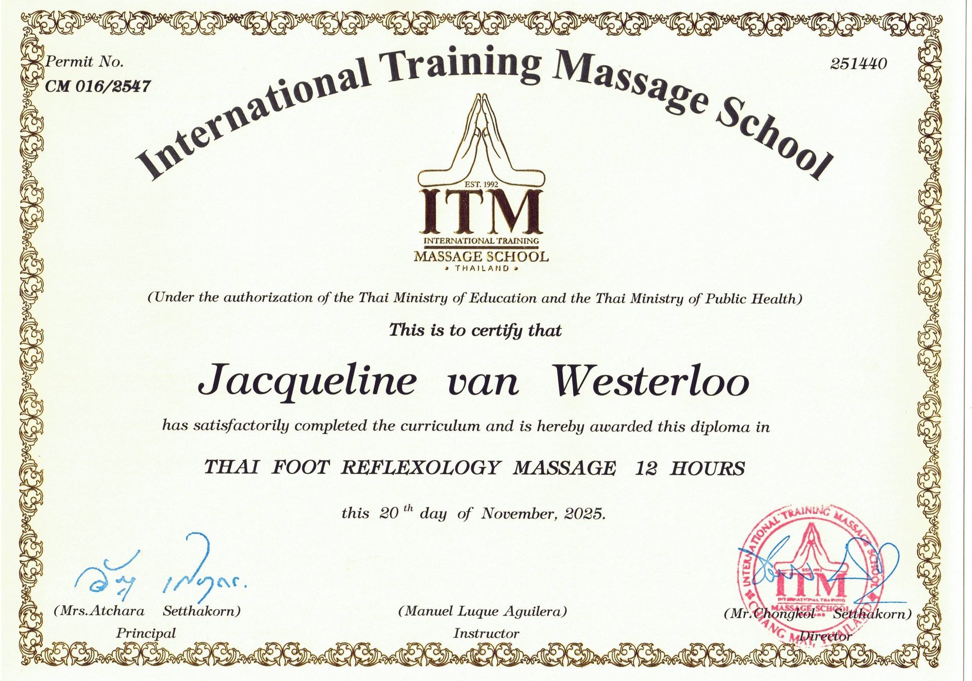 Certificaat van de International Training Massage School voor Jacqueline van Westerloo 