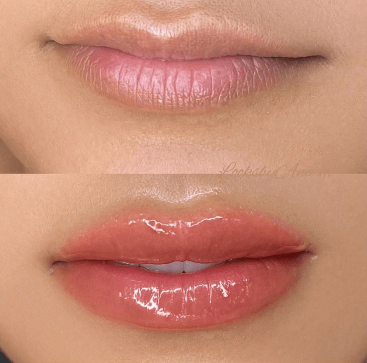 up close before and after shots of women's lips after lip blushing