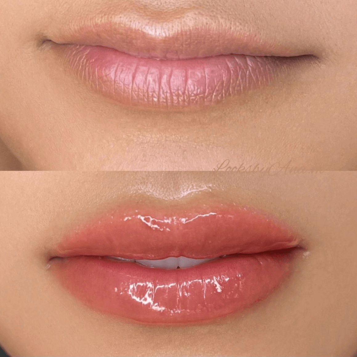 Up close photos of women's lips before and after lip blushing